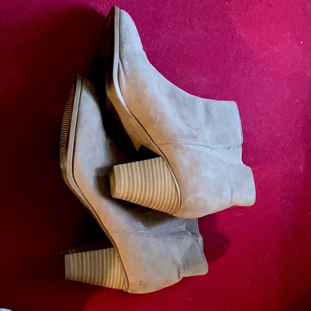 Tan suede ankle boots with three inch heel
